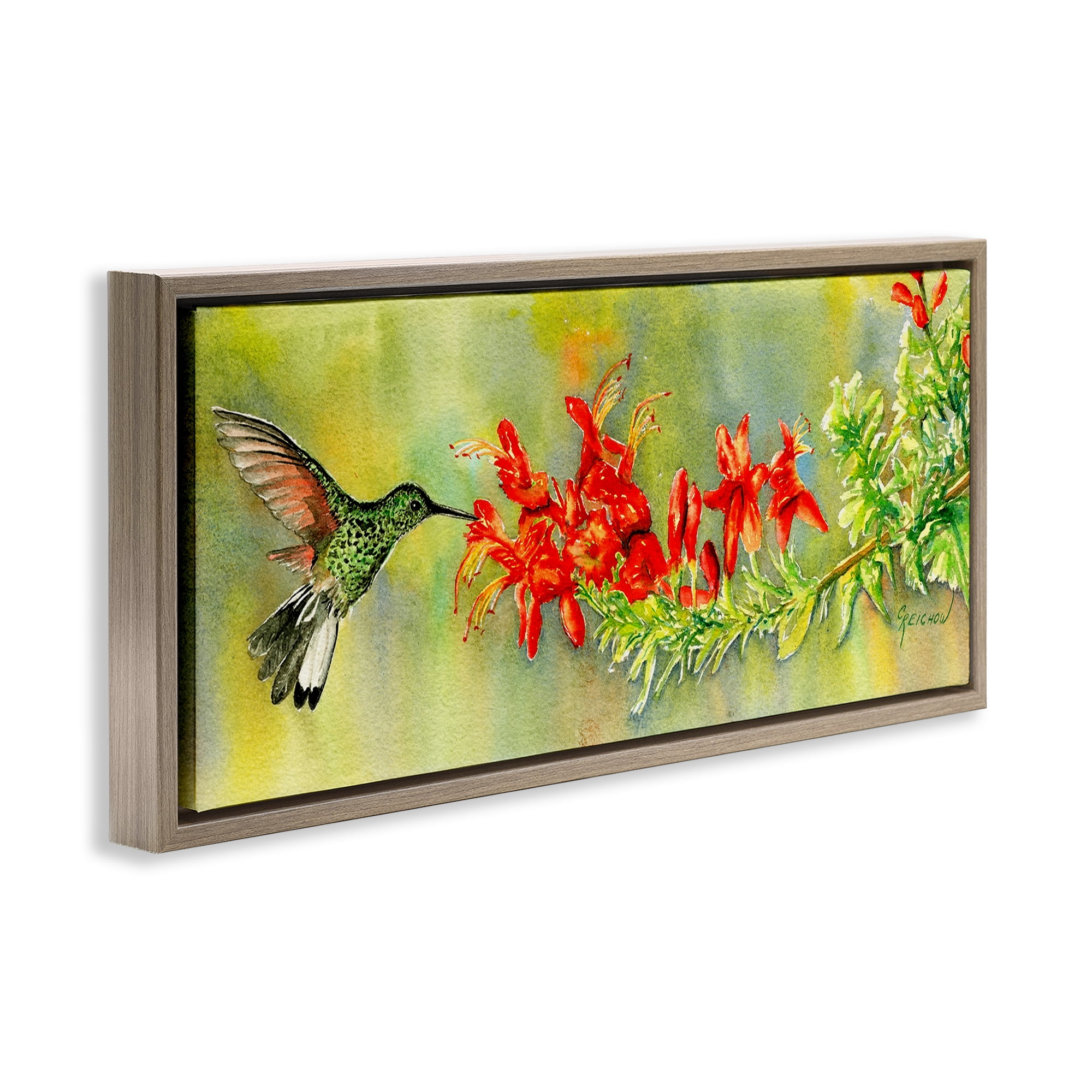 Stupell Industries Quick Sip Hummingbird Animals & Insects Painting Brown Floater Framed Canvas Art Print Wall Art, 31 x 14
