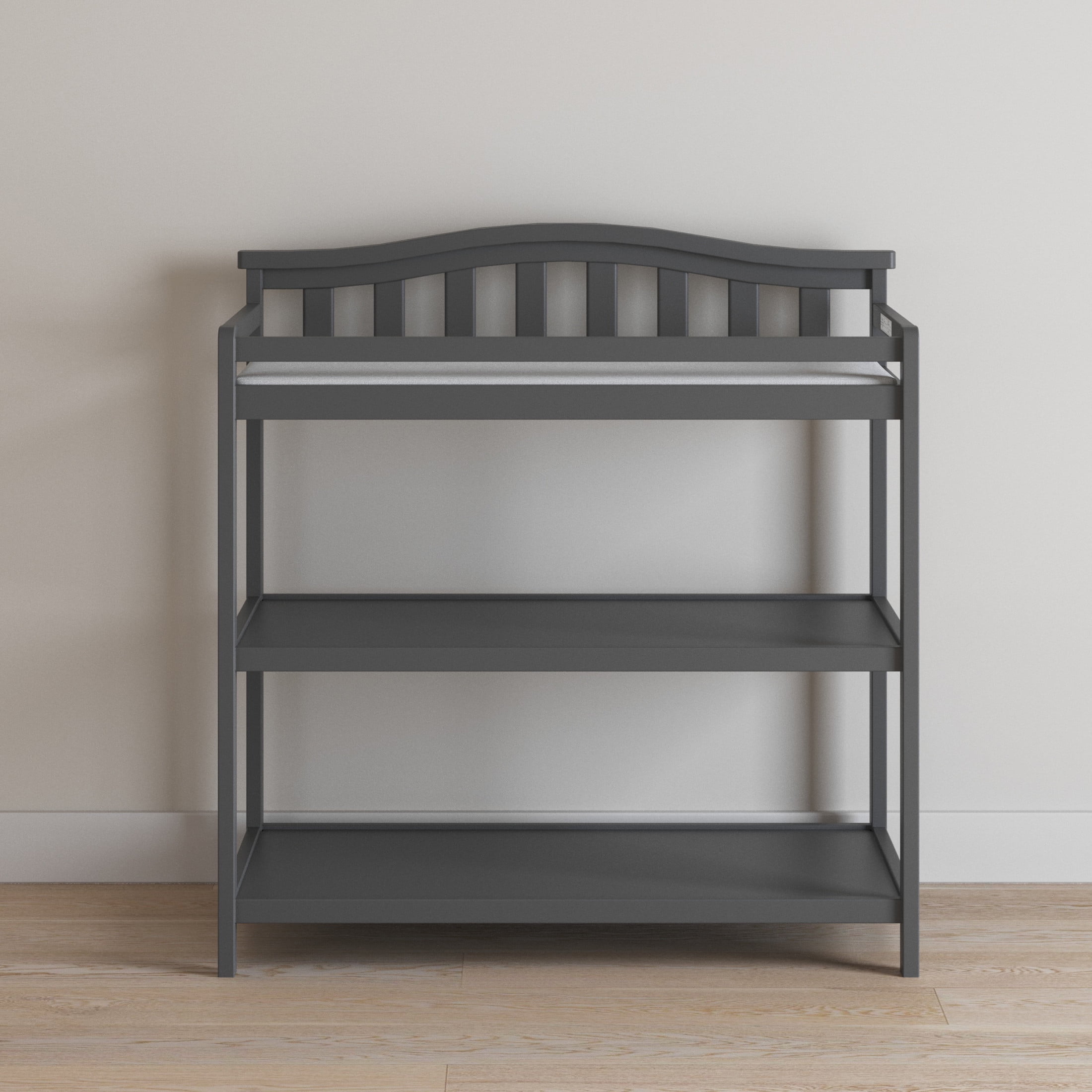 Child Craft Arch Top Changing Table with Pad & Safety Strap, 2 Storage Shelves, Anti-Tip Kit, Cool Gray