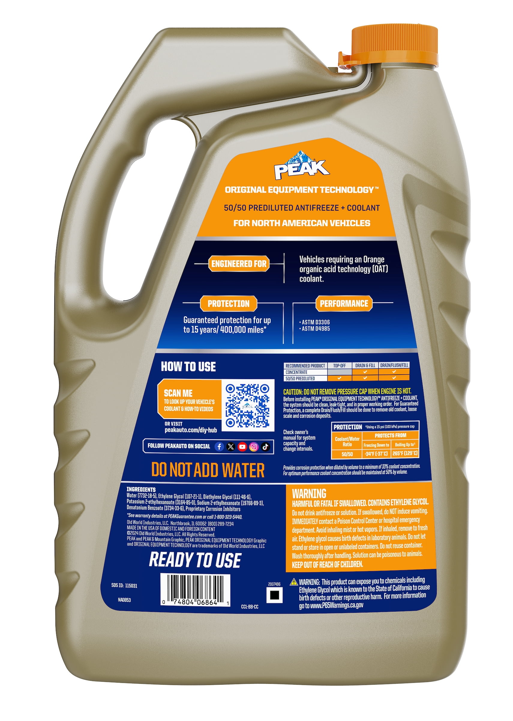 PEAK Original Equipment Technology North American Vehicles Orange, 50/50 Prediluted Antifreeze & Coolant, 1 gal