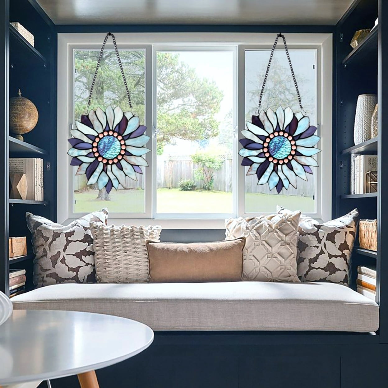 CHLOE Lighting SUNDANCE Tiffany-style Floral Stained Glass Window Panel 11" Height, Blue