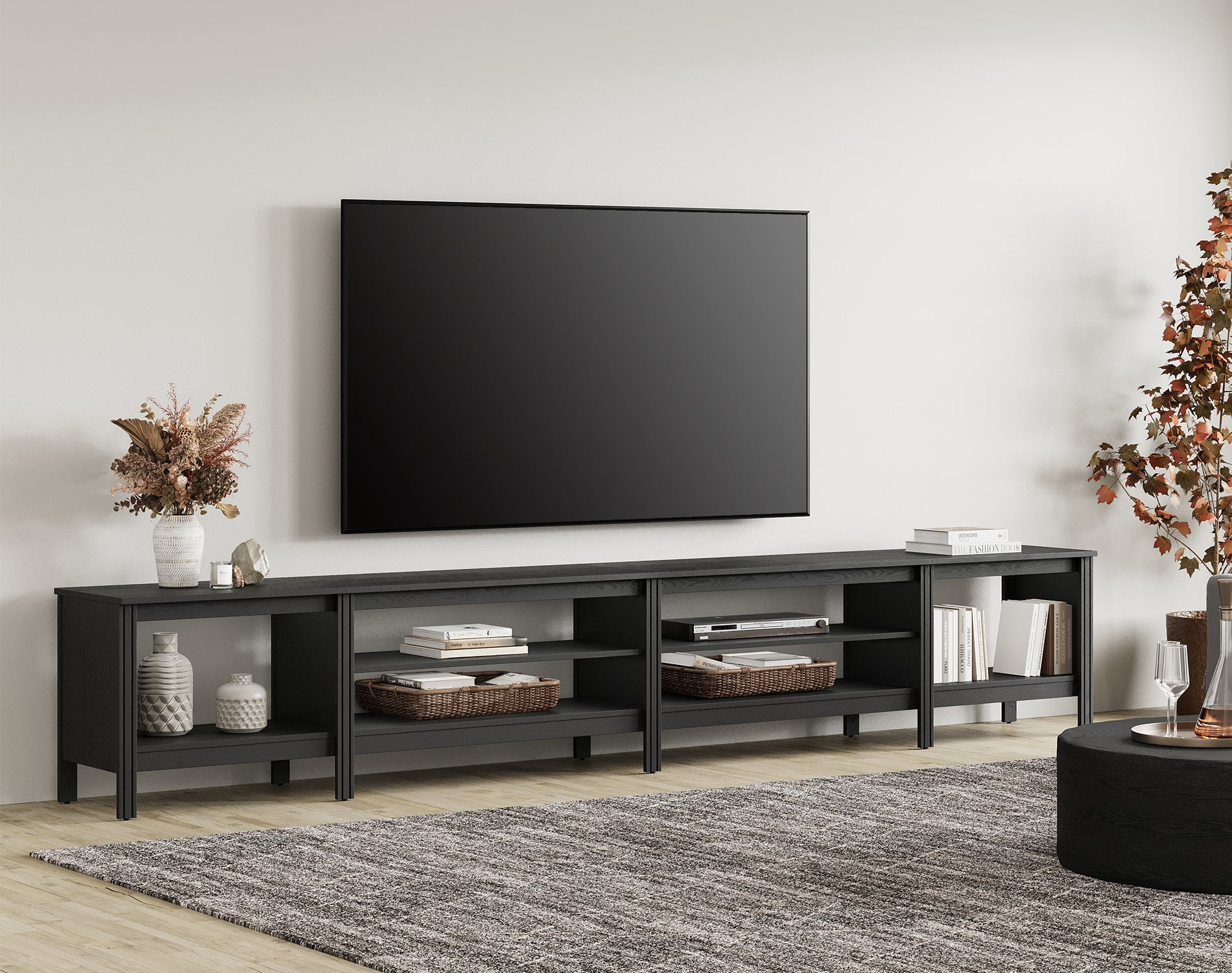 Fitueyes 118" Mid-Century Modern TV Stand for 85-100" TVs, Home Entertainment Center with Open Shelves for Living Room, black