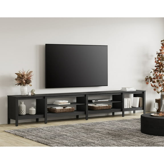 Fitueyes 118" Wood TV Stand for 85-100" TVs, Media Console Table with Open Shelves for Living Room Bedroom, black
