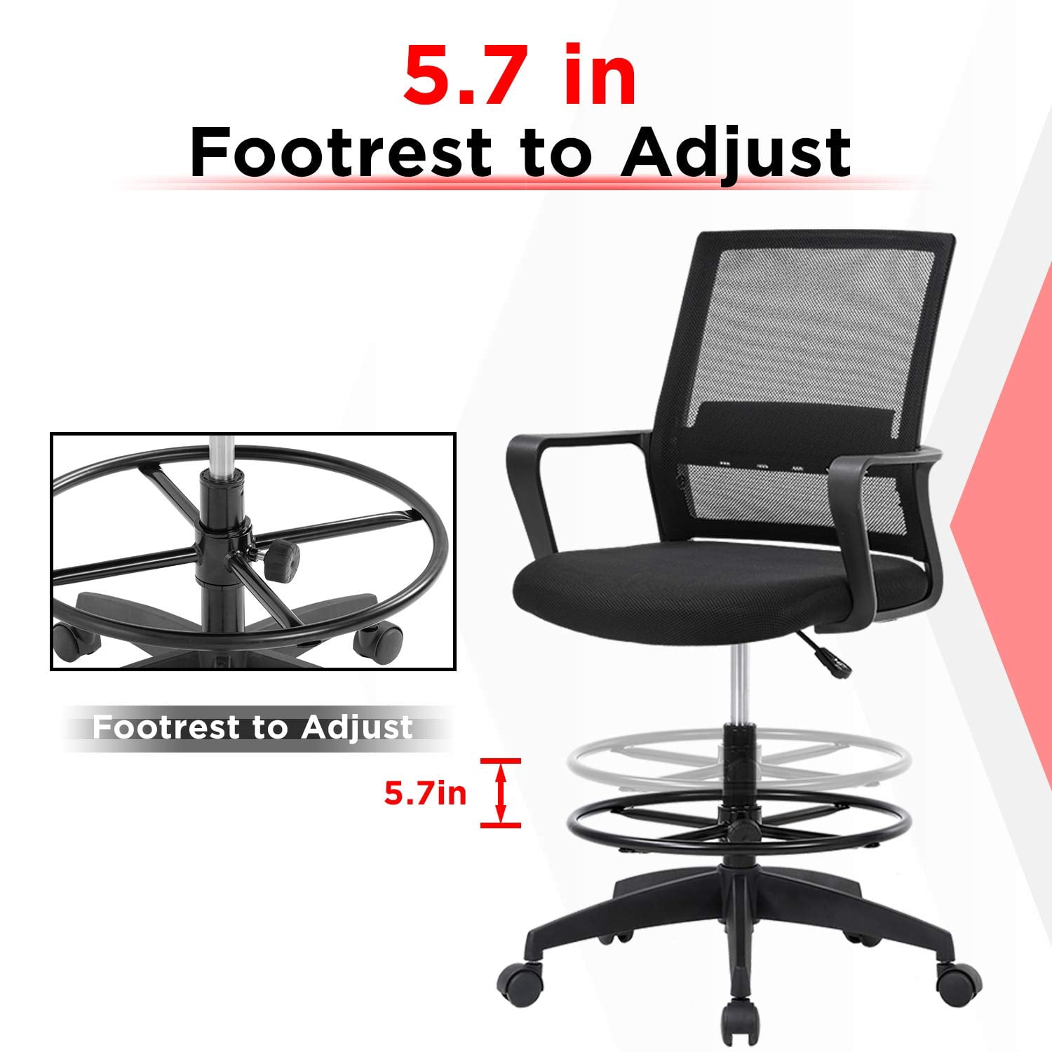 FDW Tall Adjustable Office Chair w/ Foot Ring, Ergonomic Mesh Mid-Back Desk Chair, Black