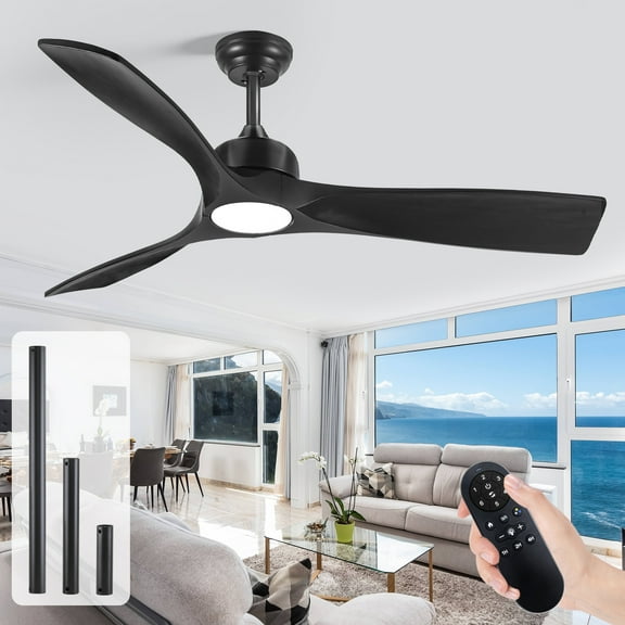 52 inch Black Modern Ceiling Fan with Light and Remote, Indoor Outdoor 3 Blade Wood Fan, Noiseless