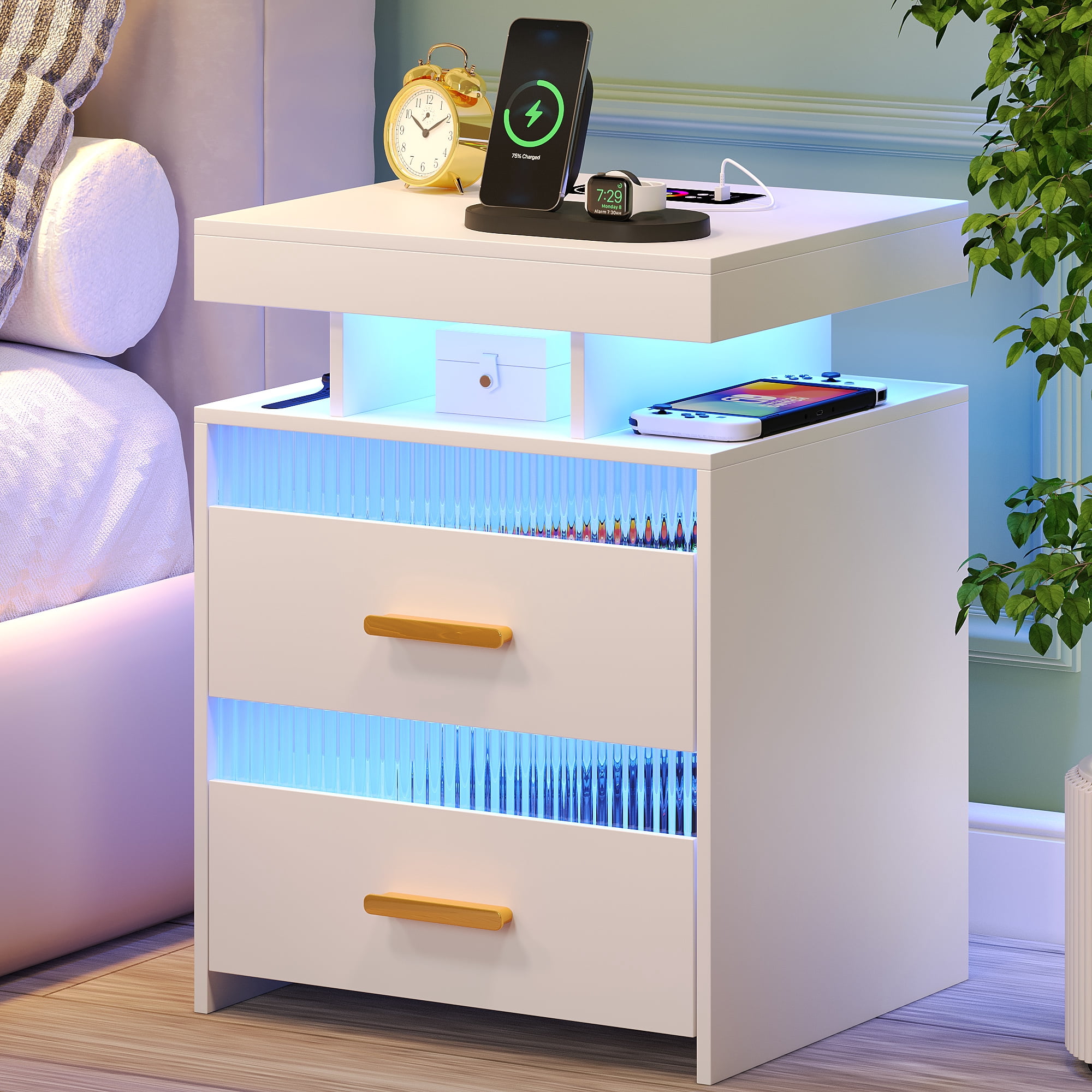 VKCC RGB LED Nightstand with 2 Drawers & Charging Station, Modern Bedside Table for Bedroom Living Room, White