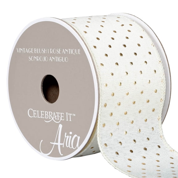 12 Pack: 1.5" Cream Linen Wired Dotted Ribbon by Celebrate It™ Aria Vintage Blush