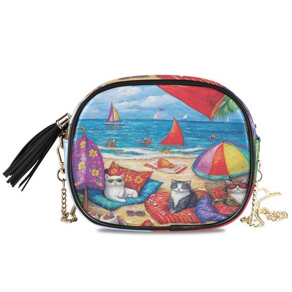 Womens Casual Chain Shoulder Bag Simple style Cats Playing on The Beach Crossbody Bag