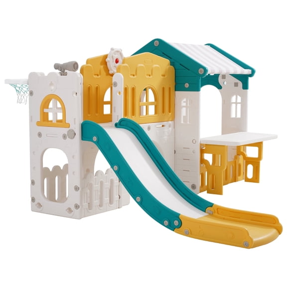 KFFKFF Outdoor Playhouse for Kids, Multi-Functional Playground with Slide, Basketball Hoop, Telescope, Steering Wheel, Crawl Tunnel, Play Storefront, Suitable for Ages 1 , Durable HDPE Material