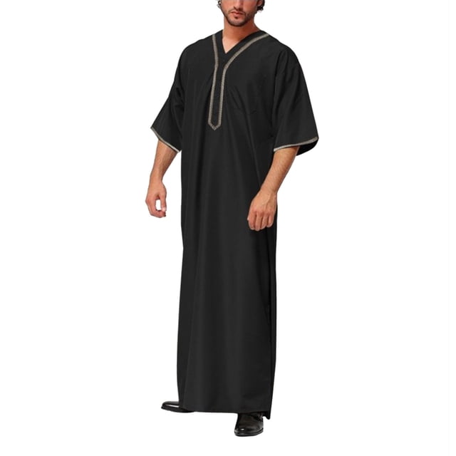 Men's Casual Loose Muslim Arab Dubai Robe - Middle Sleeve Button Shirt, Polyester Cotton, for Work, Vacation, and Daily Wear