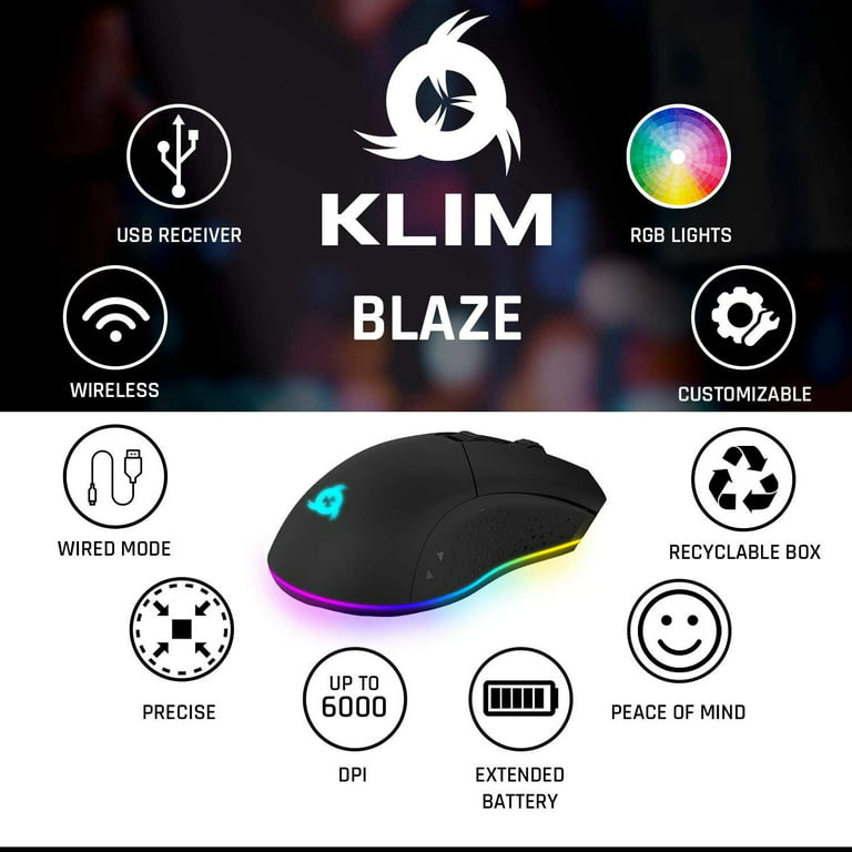 KLIM Blaze Pro laddningsbar trådlös mus - Spelmus med RGB och  laddningsstation + högprekissionssensor och hållbart batteri + upp till  6000 dpi + kabel