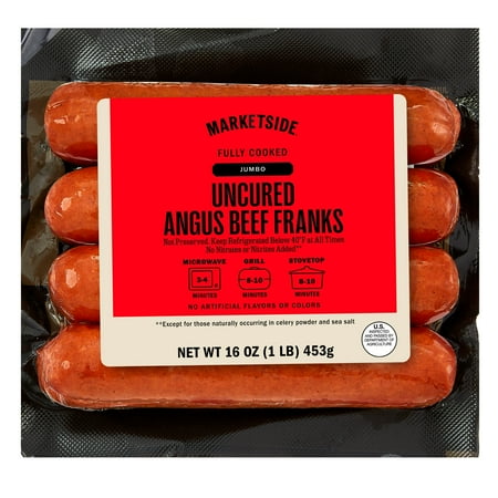 Marketside Fully Cooked Jumbo Uncured Angus Beef Frank 4 Count, 16oz (Refrigerated), Vac Packed Film