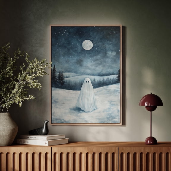 WestConfe Winter Ghost Under Full Moon | Snowy Landscape Gothic Art | Spooky Christmas Wall Decor | Minimal Ghost Spirit Print