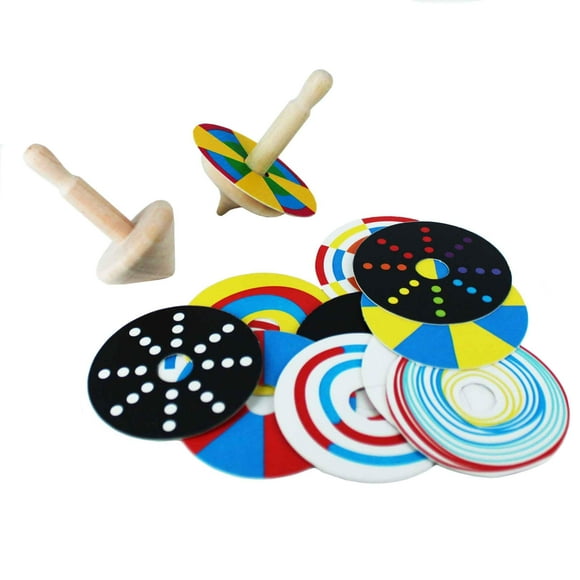 Shumee Handmade Wooden Spin Tops - 2Pcs & Patterns Organic Fidget Baby Toys Spinning Top Toy for Balance & Coordination Skills Gyroscope Fidget Spinner Sensory Toys