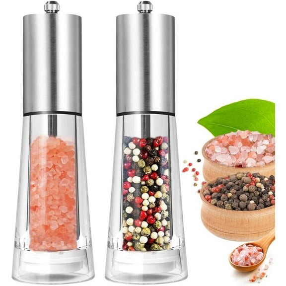 Salt and Pepper Grinder Set, Haomacro Refillable Sea Salt Pepper Mill Grinder, 2-Piece Acrylic Manual Pepper Mills Stainless Steel Spice & Salt Shakers with Adjustable Coarseness