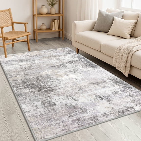 iOhouze Washable Area Rug 4x6 Ft Abstract Rugs for Entryway Non Slip Small Living Room Rugs Printed Faux Wool Throw Rug, Floor Carpet for Kitchen Playroom, Ash Grey/Beige