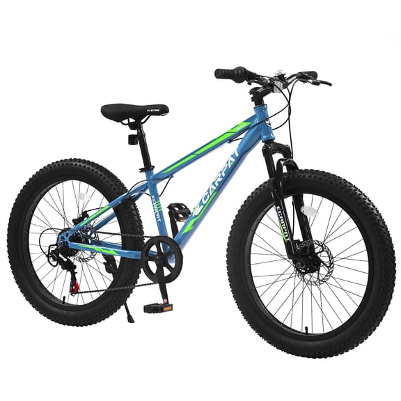 24 Inch Fat Tire Mountain Bike for Youth Adult, 7 Speeds Mountain Bicycle with Front Suspension, Dual Disc Brake, High-Carbon Steel Frame MTB, Urban Commuter City Bicycle, Green