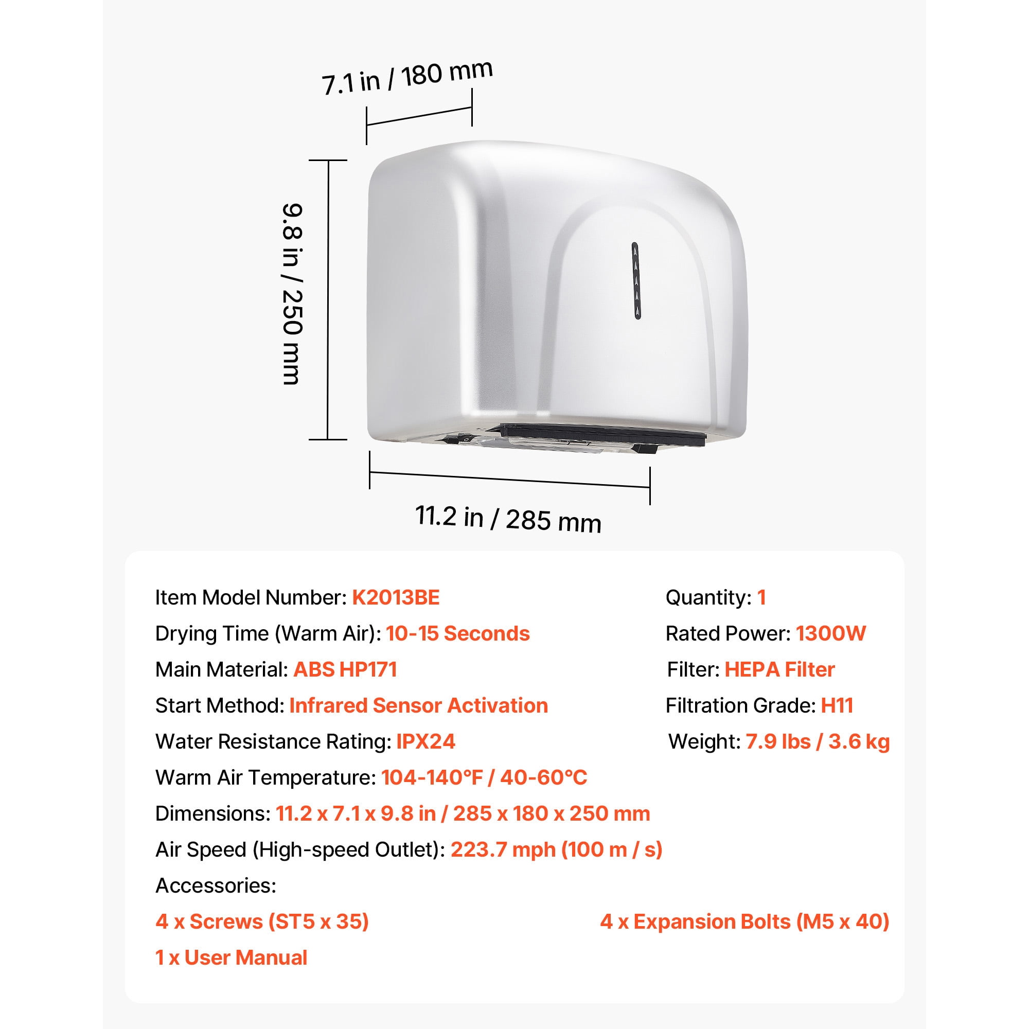 KFFKFF 1300W Automatic Hand Dryer, High-Speed Air Dryer with HEPA Filter, Quick Drying, Durable ABS Build, AC110-120V Wall-Mounted for Bathrooms, Guest Rooms, and Home Use