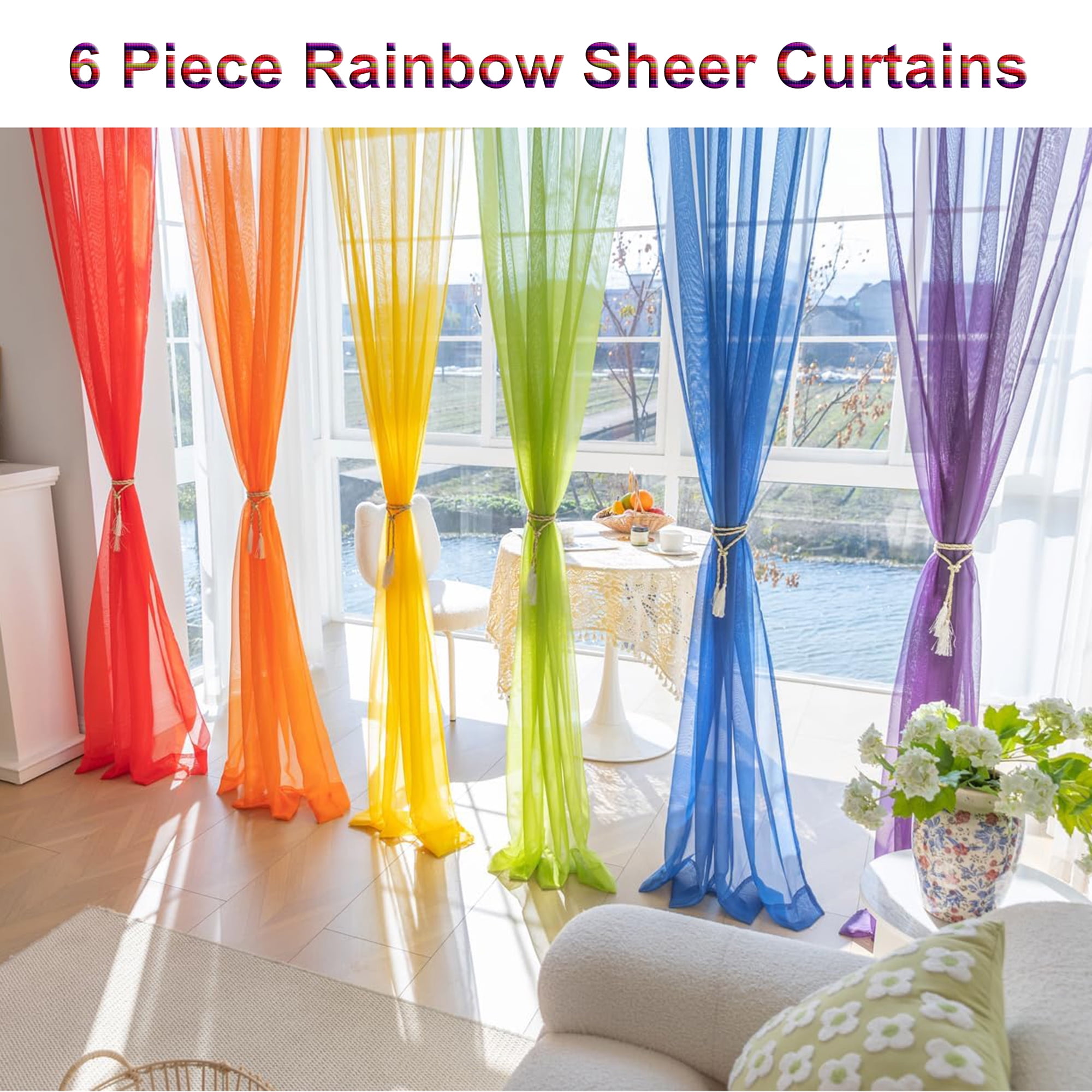 DZORUN 6 Piece Rainbow Sheer Curtains Colorful Backdrop Bright Curtains Set for Playroom Nurseries Bedroom & Festival Decoration Birthday Party Atmosphere Decoration