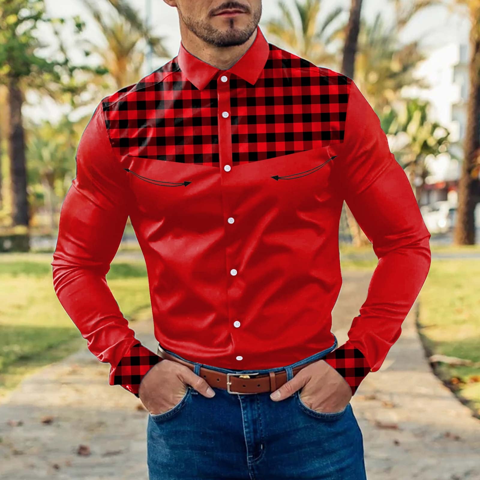 VOSS Mens Fashion Casual Plaid Color Block Splicing Lapel Button Cuffs Long  Sleeve Shirt 