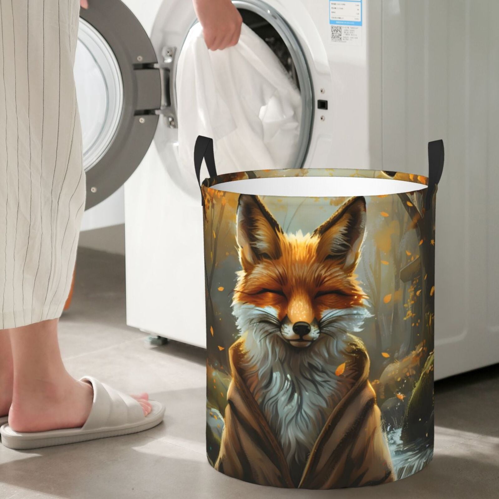 Large Laundry Basket with Handles - Streamside Meditating Fox Kids Baby Dirty Clothes Laundry Hamper for Bedroom Aesthetic