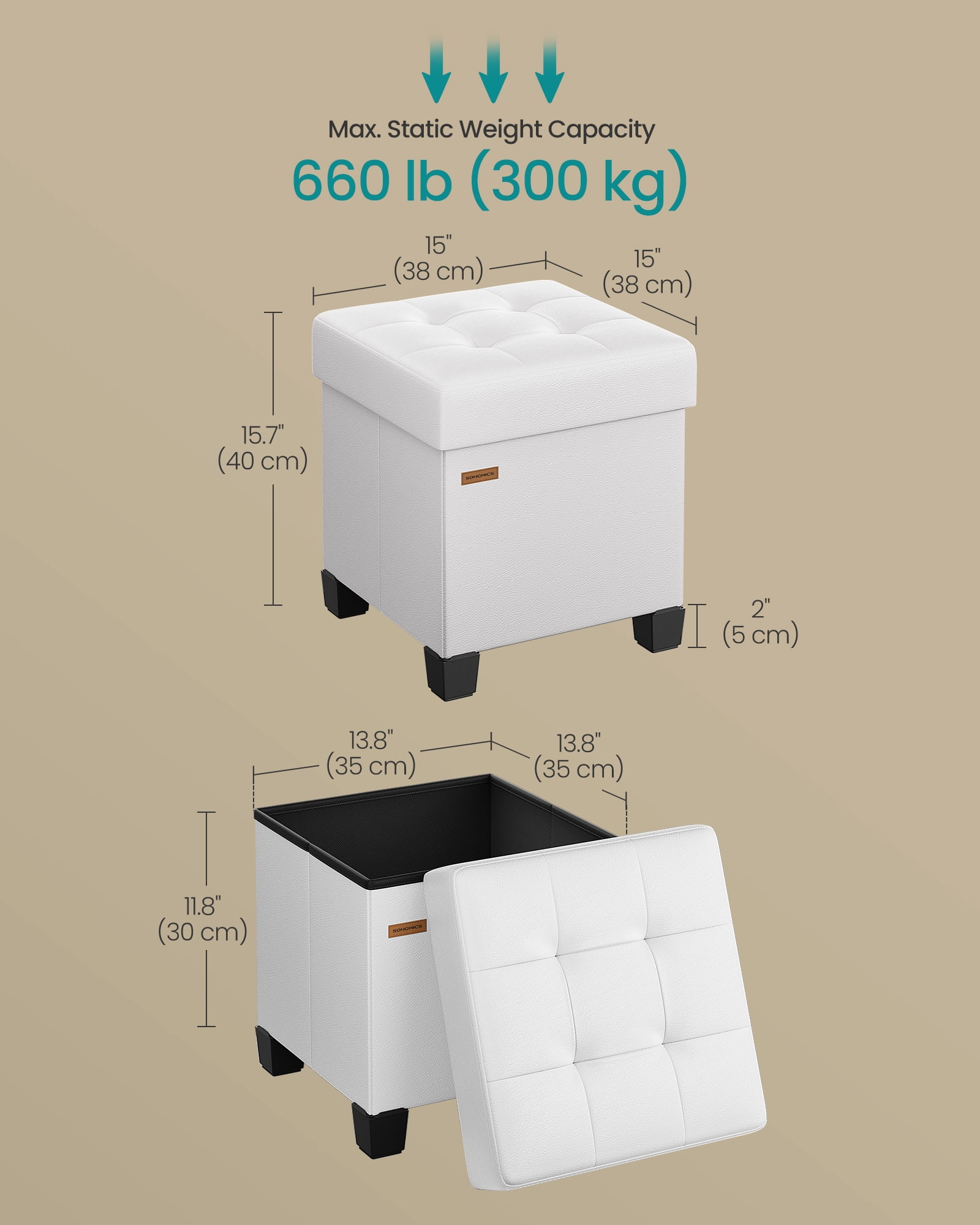 SONGMICS 15x15x15.7-Inch Cube Storage Ottoman with Legs. 10 Gal (37 L) Capacity. Synthetic Leather Footstool/Footrest.Cloud White