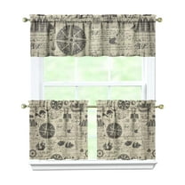 Kitchen Curtains 24 Inch Short - 3 Panel Set, Nautical Anchor Lighthouse Coastal Design, Rod Pocket Window Curtain for Beach House, Marine Ocean Wave Pattern, Easy Wash