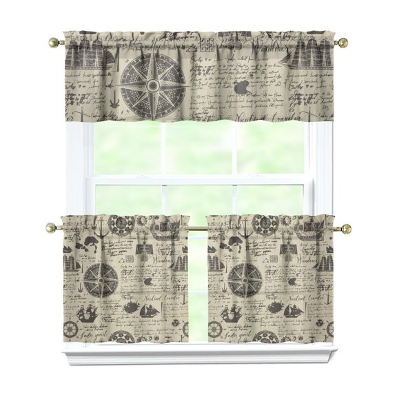 Kitchen Curtains 24 Inch Short - 3 Panel Set, Nautical Anchor Lighthouse Coastal Design, Rod Pocket Window Curtain for Beach House, Marine Ocean Wave Pattern, Easy Wash