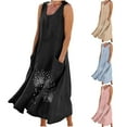 thumbnail image 4 of Tejiojio 2024 Women's Sleeveless Cotton And Linen Round Neck Printed Long Dress Womens Casual Mini Dress Loose V Neck Backless Pleated Short Tank Sundress with Pockets, 4 of 10