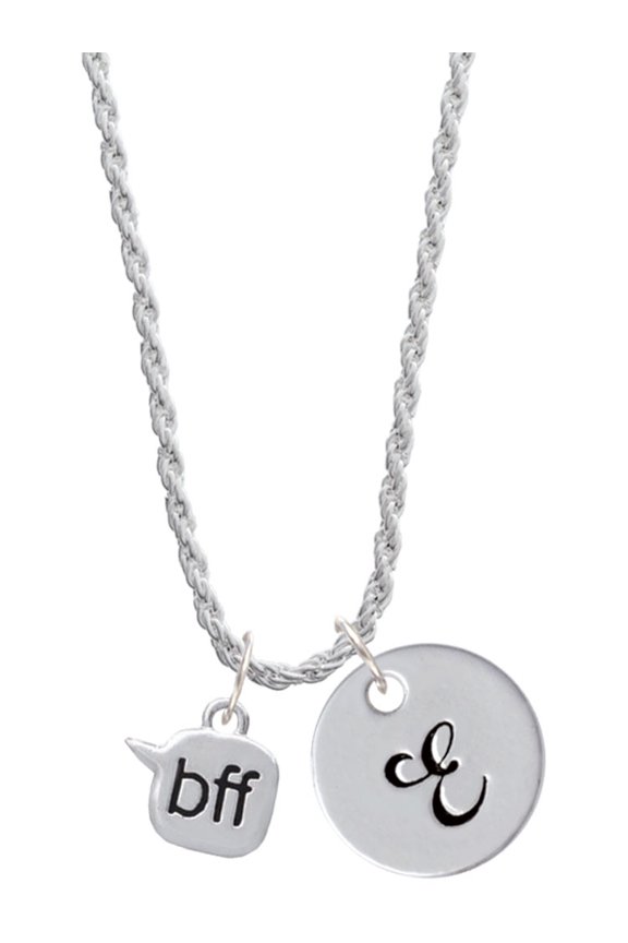 Silvertone Text Chat - bff - Best Friends Forever - Silvertone Script Initial Disc - E - Charm Necklace, 20"+3"