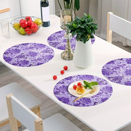 

Round Grid Placemat One Sizex4 Round Placemat PVC Plate Mat，15.4 Inch Non-Slip and Heat Resistant Table Placemat Dining Room Placemat Purple Vine