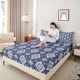 thumbnail image 3 of jejeloiu Aztec Geometric Queen Sheets For Men Women,Boho Diamond Queen Sheet Sets,Navy White,4-Piece,1 Flat Sheet, 1 Fitted Sheet and 2 Pillowcases, 3 of 6