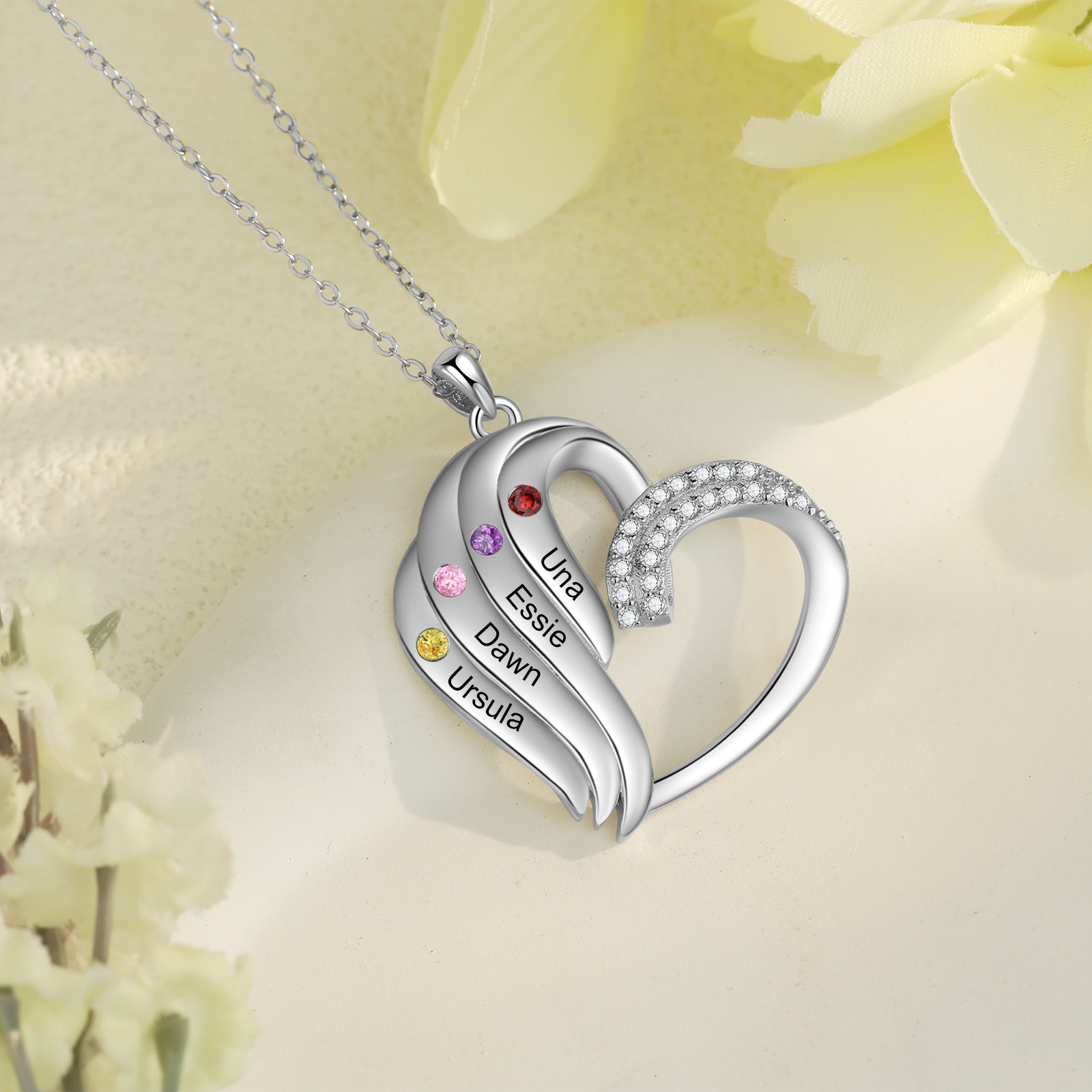 Mementos Personalized Brass Family Necklace for Women (Mother) with 4 Birthstones and Names