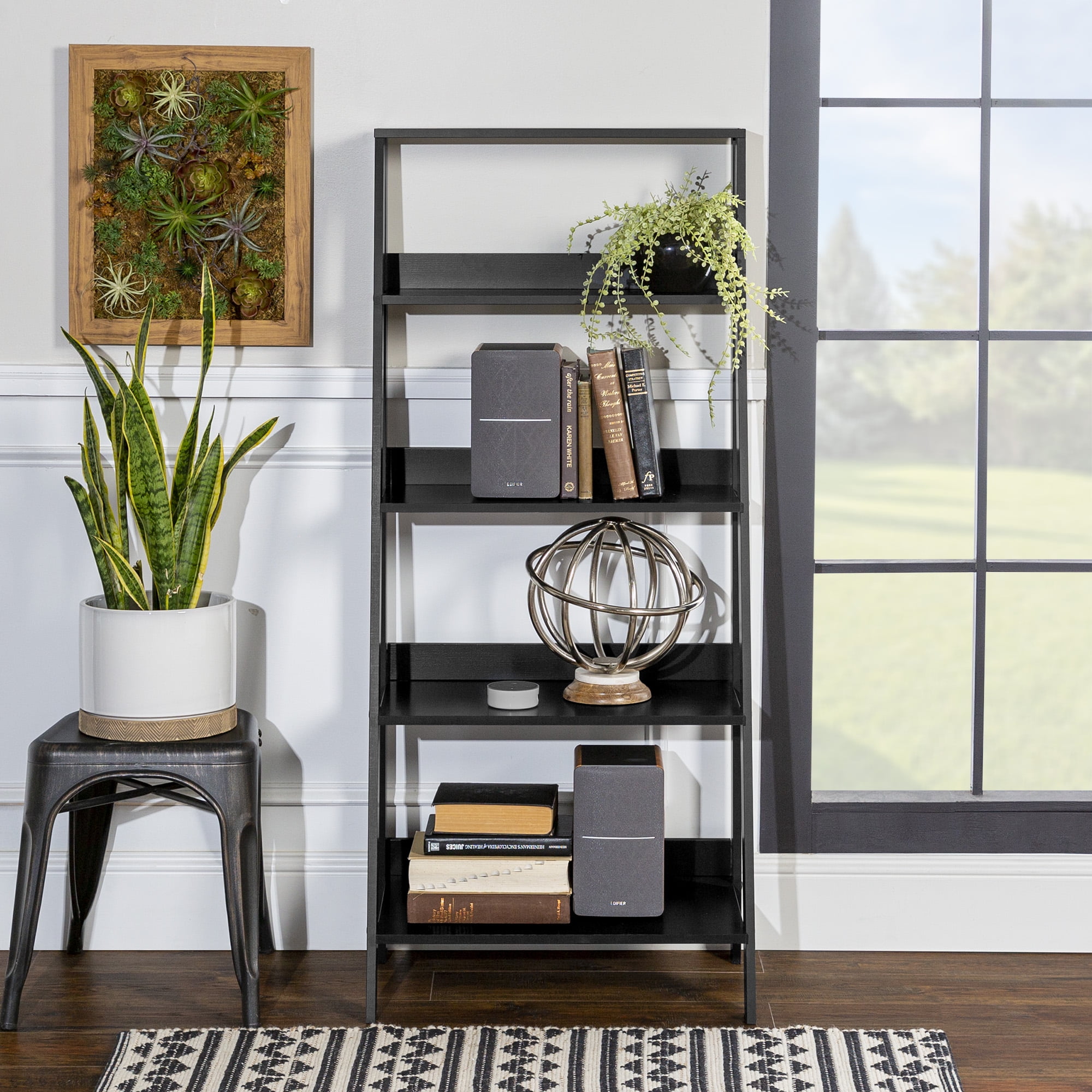 Walker Edison 4-Shelf Wood Leaning Ladder Bookshelf, Black