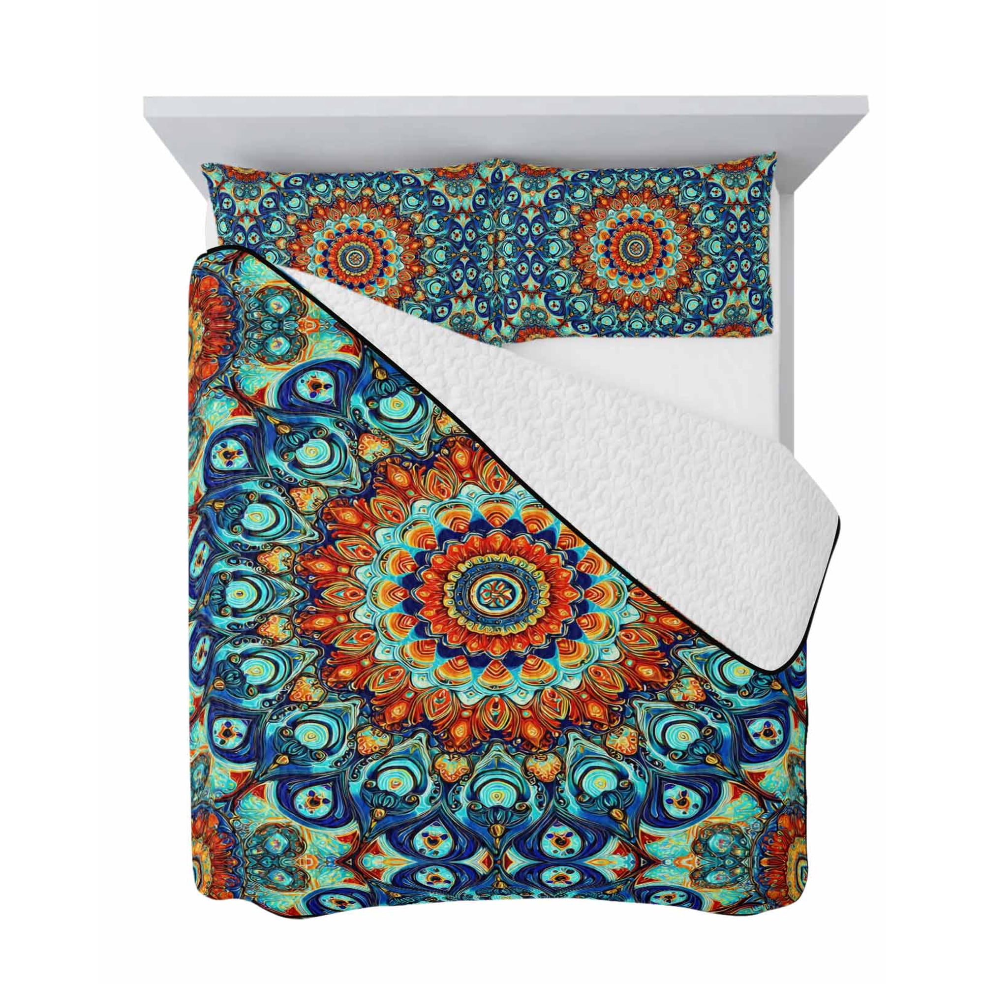 Boho Blooming Dahlia 3 Piece Quilt Set Queen Size Bohemian Art Ornate Mandalas Maximalist Soft Bedspread Coverlet Bedding Set Microfiber Lightweight Comforter Set with 2 Pillowcases for Bedroom