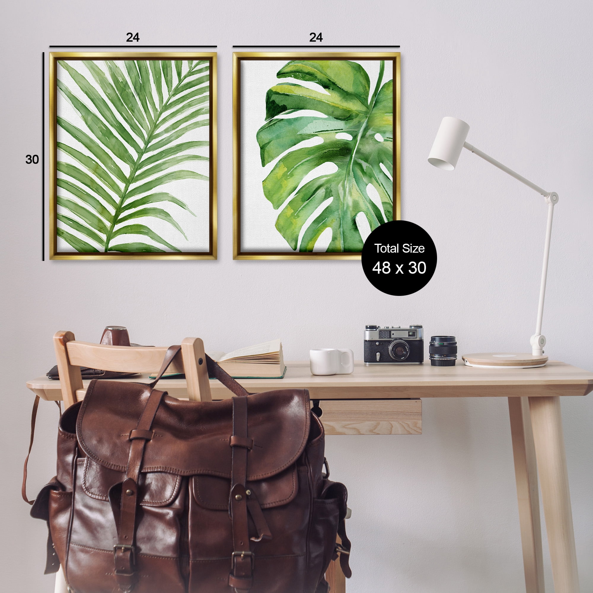 Stupell Industries Minimal Tropical Green Palms Botanical & Floral Painting Gold Floater Framed Canvas Art Print Wall Art, 25 x 31, Set of 2