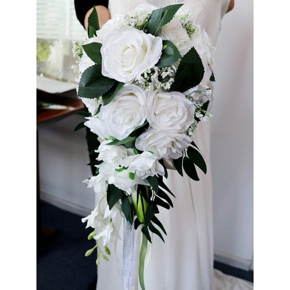 9 Inch Artificial Rose Flowers Bouquets for Bridal Bridesmaid, Wedding Bouquets with Ribbons, Waterfall Flowers Bunch for Boho Rustic Ceremony Vintage Wedding Decor(White)