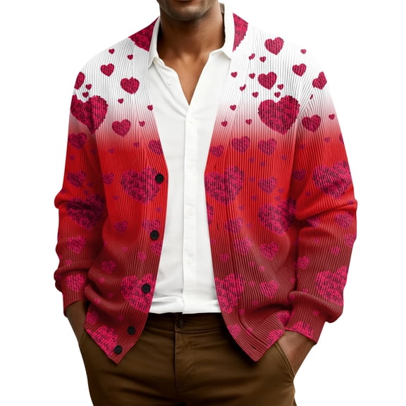 QHRMKOG Cardigan for Men Cute Valentine's Day Heart Cardigan Sweaters Graphic Loose Fit Long Sleeve V Neck Button Up Cardigan Fashion Ribbed Knited Sweater Red M