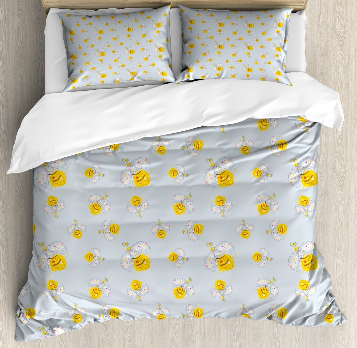 Bee Queen Size Duvet Cover Set, HandDrawn Outline of Insect Figure