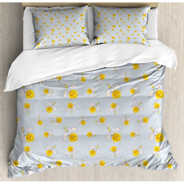 Bee Queen Size Duvet Cover Set, HandDrawn Outline of Insect Figure