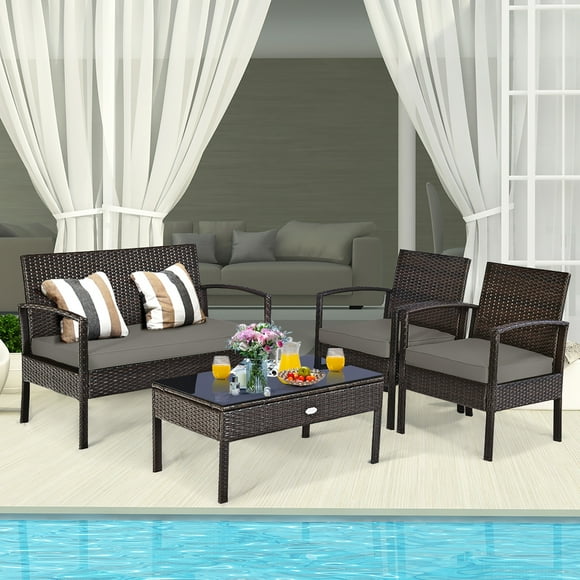 Costway Ensemble de Mobilier de Jardin 4 Pcs en Rotin Tressé, Canapé Deux Places avec Coussins, pour Terrasse Ou Patio.