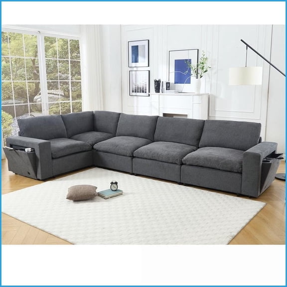 5-Seat Modular L-Shaped Living Room Sofa, Soft Linen Fabric, Wireless Charging & Cup Holders, Gray Couch with Book Storage | Cushion Back | Square Arms | Wood Frame