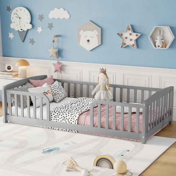 Leumius Twin Size Floor Fence Bed with Central Entrance, Pine Wood Floor Bed with Guardrails for Boys Girls Grey