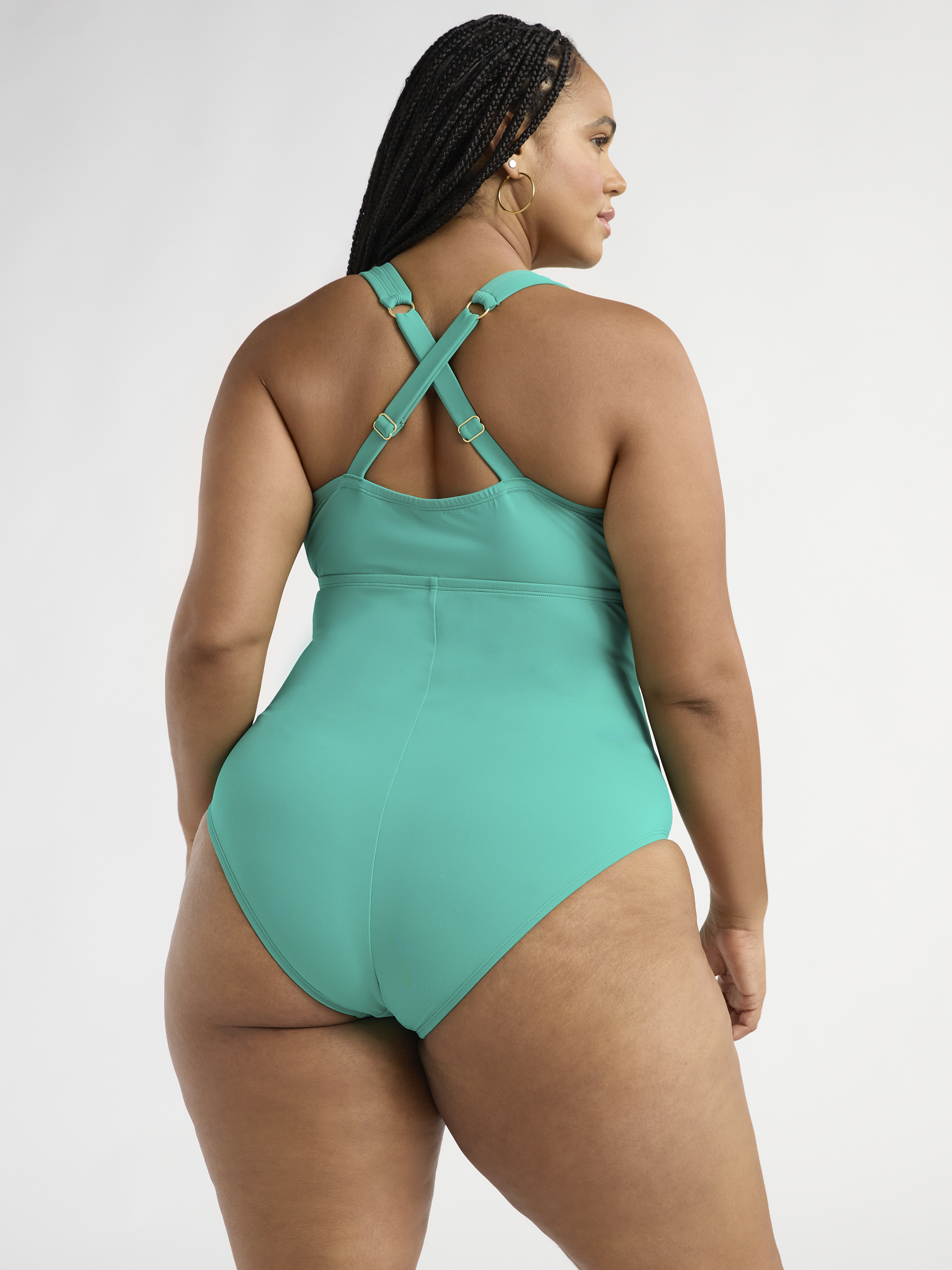 Sofia by Sofia Vergara Women's and Women's Plus Ring Front Plunge Halter One Piece with Curvetex®, Sizes XS-2X