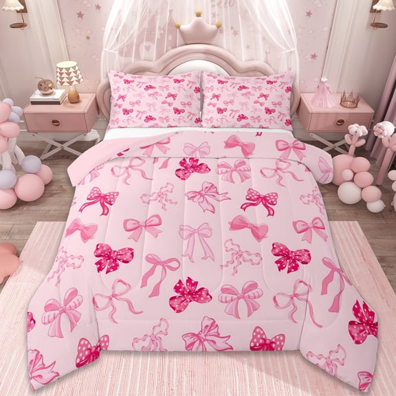 Erosebridal Cute Bowknot Comforter Sets Twin Size,Ribbon Bowtie Comforters & Duvets,Pink Dot Print Bedding Twin Comforter Set For Girls,Ultra Soft Bedroom Decoration Reversible,2-Piece