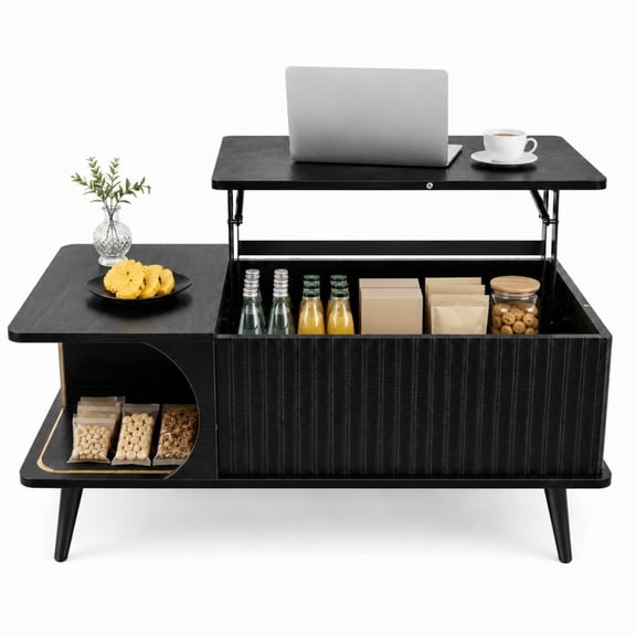 Lift Top Coffee Table with Hidden Storage Compartment and Large Shelf, Wood Farmhouse Coffee Table, Modern Center Table for Living Room, Office, Black
