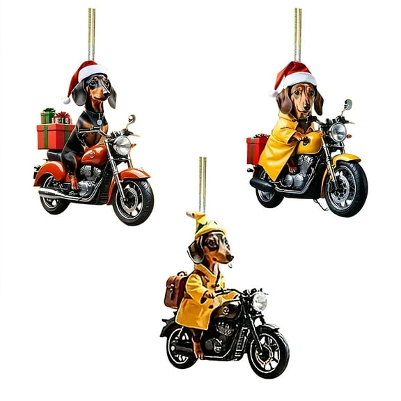 CuiLiyq 3 PCS Dachshund Christmas Ornament, Puppy Christmas Tree Ornament, Dachshund Riding Motorcycle Christmas Decorations, Dog Lovers Gift for Christmas Tree Car Backpacks