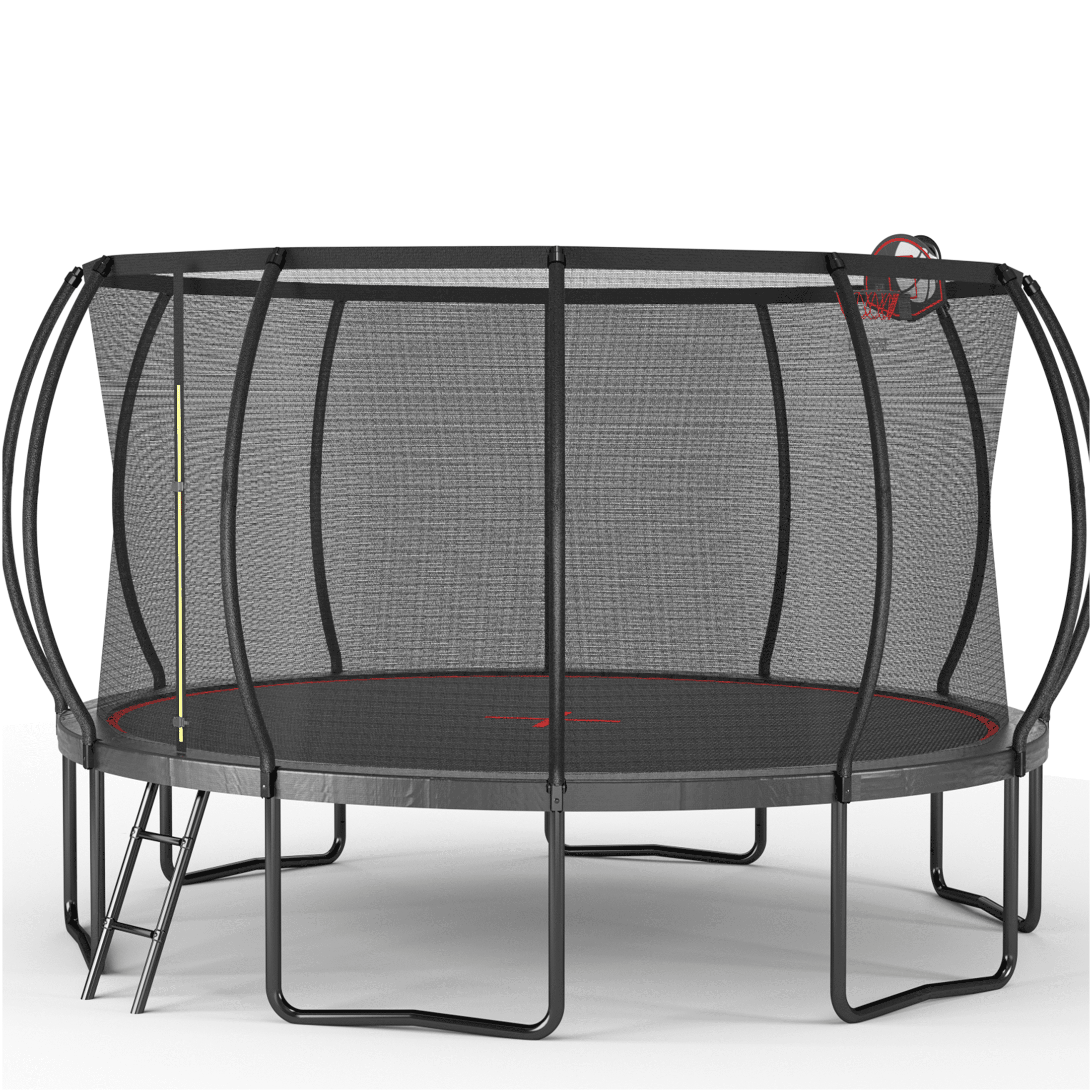 JERFIT 14FT Trampoline with Safety Enclosure Net, Basketball Hoop & Ladder, Outdoor Jumping Mat for Kids, Black and Red Steel Frame