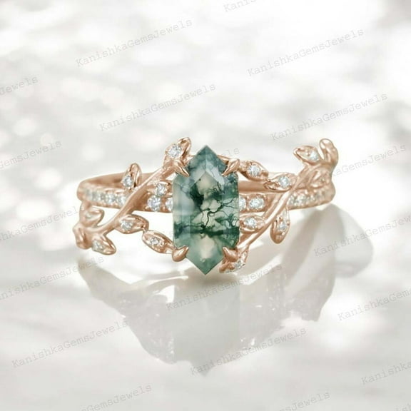 KANISHKAGEMS&JEWELS 2Ct 8x6mm / Vintage Moss Agate Bridal Wedding Ring CZ Diamond Twig Ring Nature Inspired Women Jewelry Birthday Gift Ring for Lover