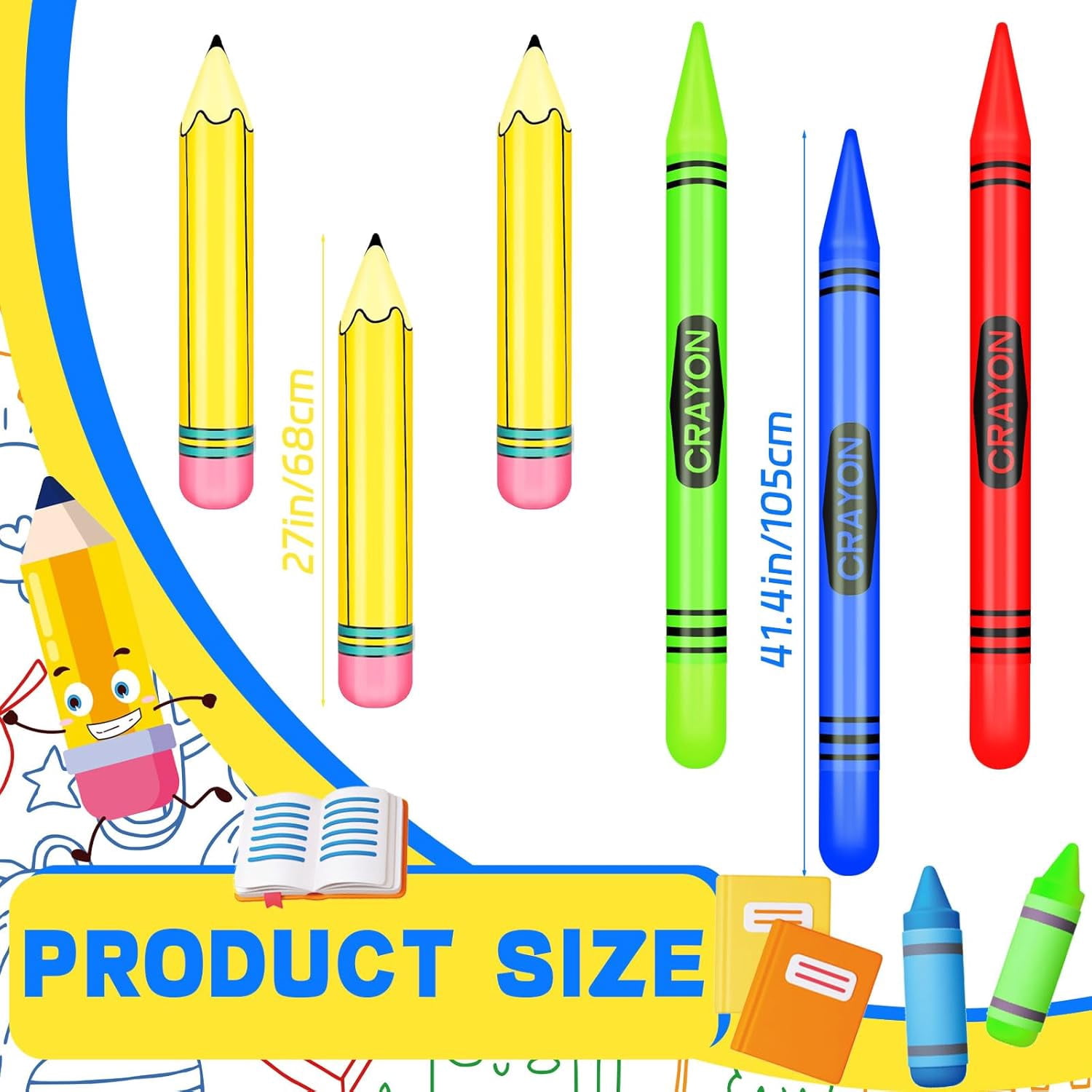 6 Pcs Giant Large Inflatable Crayons Hanging Neon Back to Pencil Crayons Classroom Decoration for Back to Classroom Garden Room Birthday Party Decorations, 4 Colors