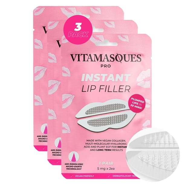 Mascarilla de relleno de labios instantánea para labios carnosos en 30 minutos con colágeno vegano y ácido hialurónico - Paquete de 3 parches de mascarilla de labios coreana con tecnología de 400 micr